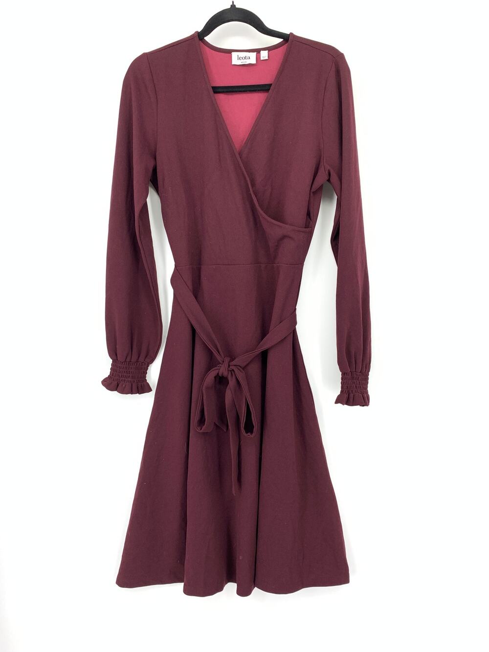 Leota Faux Wrap Dress Womens Size Medium Maroon Long Sleeve Belted Surplice Neck